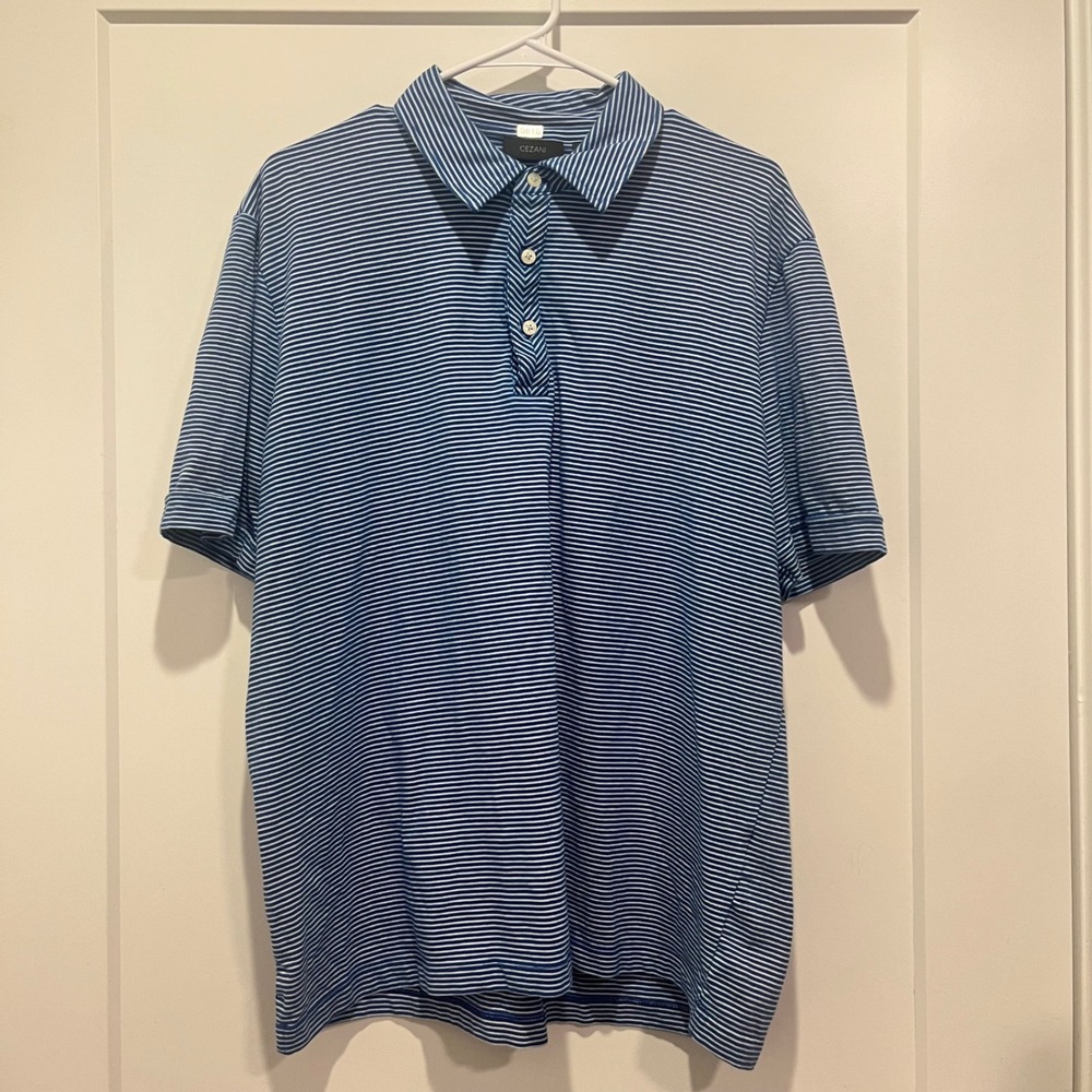 Cezani Mens XL Blue White Striped Short Sleeve Polo Shirt Cotton Blend Stretch